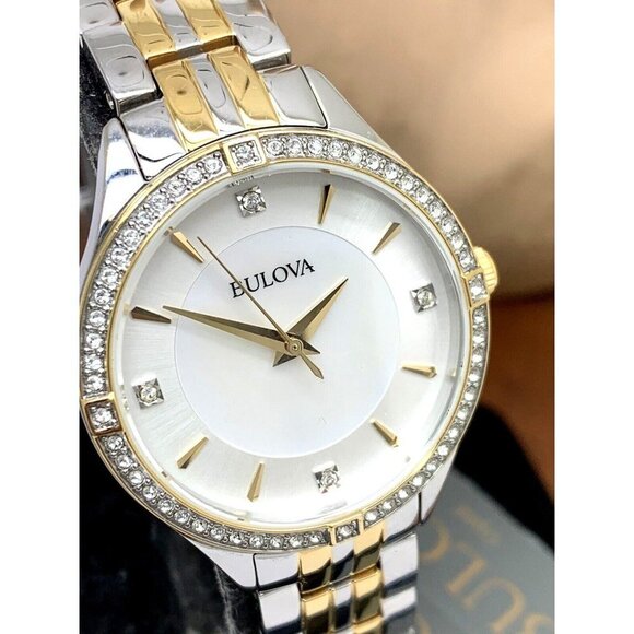 Bulova Women's Watch 98L273 Mother of Pearl Dial Two Tone Steel Gemmed 32mm - Picture 13 of 14